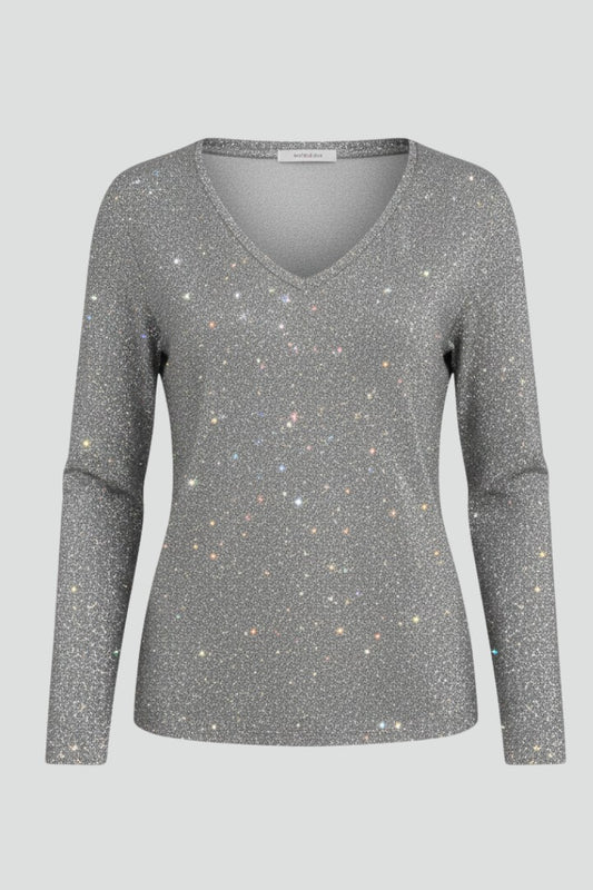 Effortless Grey Sequin T Shirt for Women with V Neck Long Sleeve Bodycon Party Style