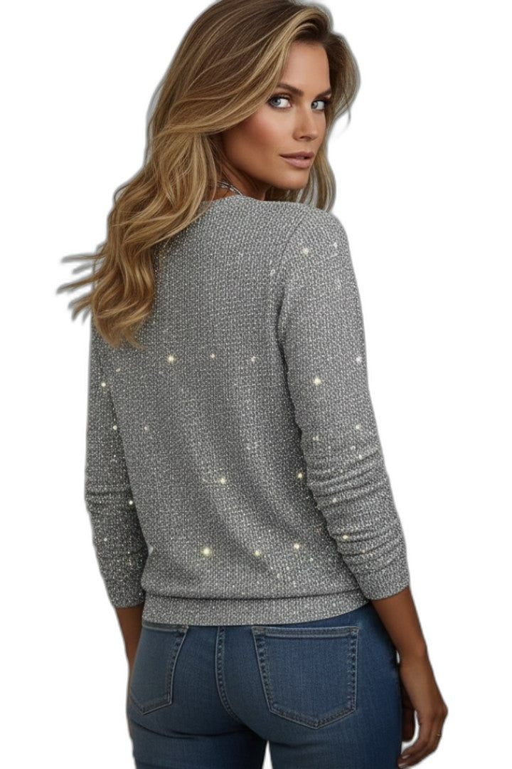 Effortless Grey Sequin T Shirt for Women with V Neck Long Sleeve Bodycon Party Style