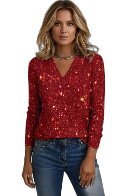 Effortless Grey Sequin T Shirt for Women with V Neck Long Sleeve Bodycon Party Style
