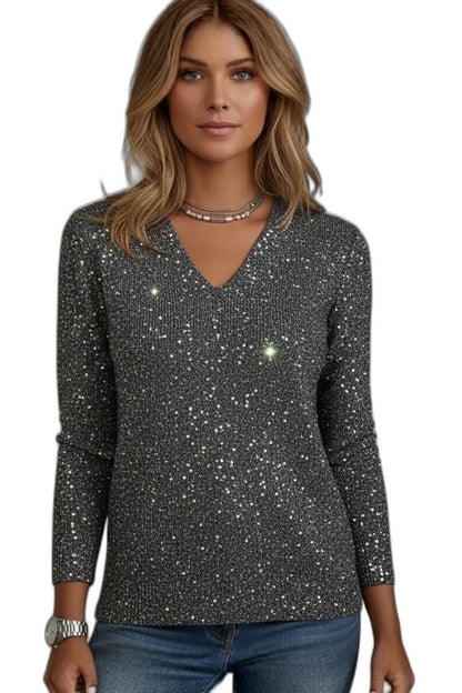 Effortless Grey Sequin T Shirt for Women with V Neck Long Sleeve Bodycon Party Style