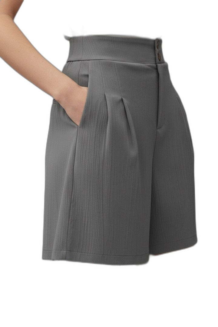 Effortless Grey Shorts for Women with Pleated High Waisted Wide Leg Casual Style