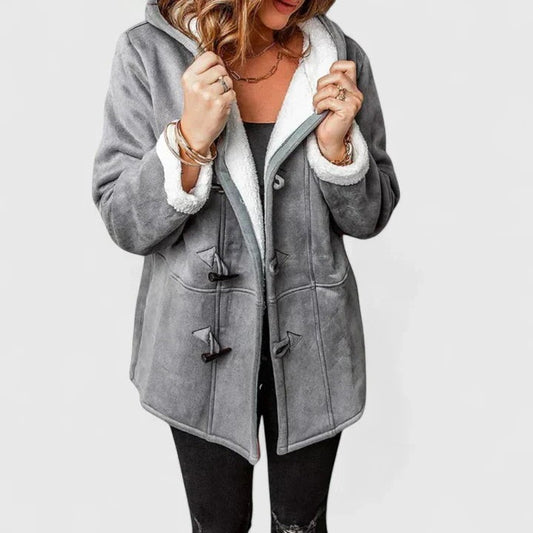 Effortless Grey Suede Coat for Women with Collared Long Sleeve Button Front Pockets Fur Lined Casual Style