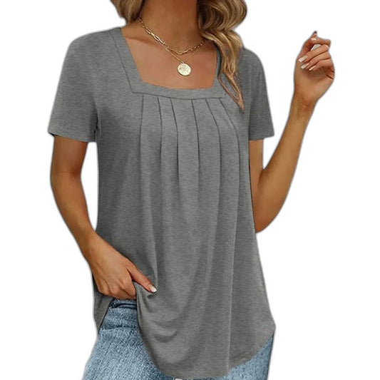 Effortless Grey T Shirt for Women with Square Neck Short Sleeve Pleated Casual Style