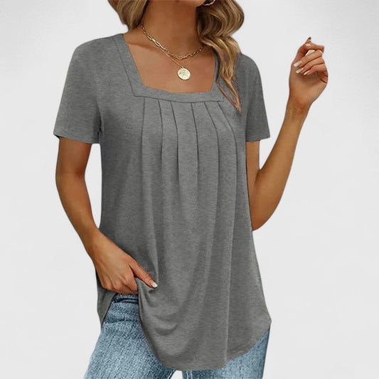 Effortless Grey T Shirt for Women with Square Neck Short Sleeve Pleated Casual Style