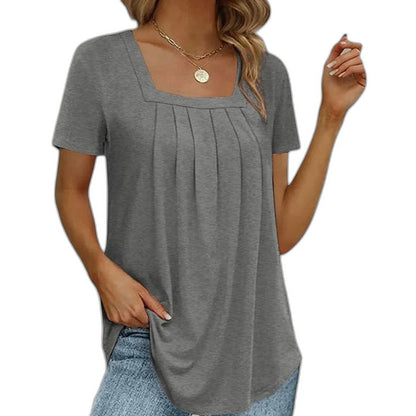 Effortless Grey T Shirt for Women with Square Neck Short Sleeve Pleated Casual Style