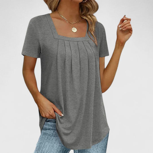 Effortless Grey T Shirt for Women with Square Neck Short Sleeve Pleated Casual Style