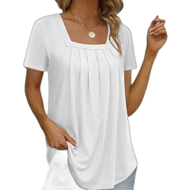 Effortless Grey T Shirt for Women with Square Neck Short Sleeve Pleated Casual Style