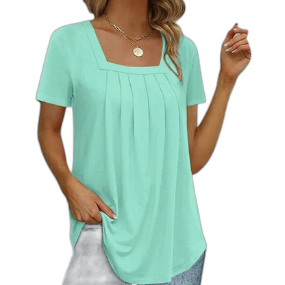 Effortless Grey T Shirt for Women with Square Neck Short Sleeve Pleated Casual Style