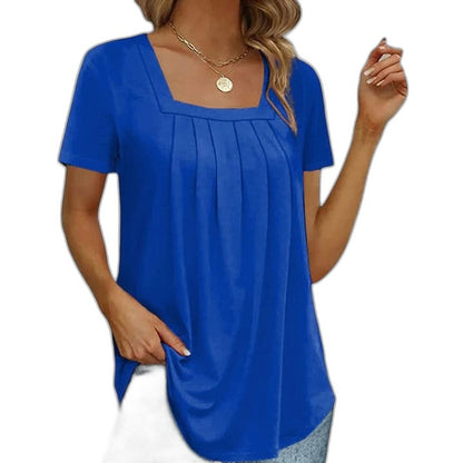 Effortless Grey T Shirt for Women with Square Neck Short Sleeve Pleated Casual Style