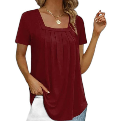 Effortless Grey T Shirt for Women with Square Neck Short Sleeve Pleated Casual Style