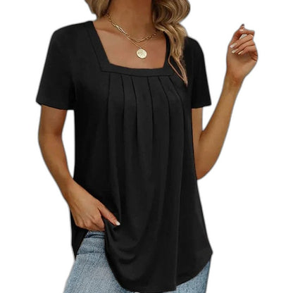 Effortless Grey T Shirt for Women with Square Neck Short Sleeve Pleated Casual Style