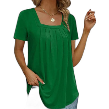 Effortless Grey T Shirt for Women with Square Neck Short Sleeve Pleated Casual Style