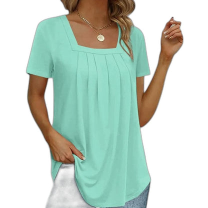 Effortless Grey T Shirt for Women with Square Neck Short Sleeve Pleated Casual Style