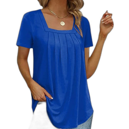 Effortless Grey T Shirt for Women with Square Neck Short Sleeve Pleated Casual Style