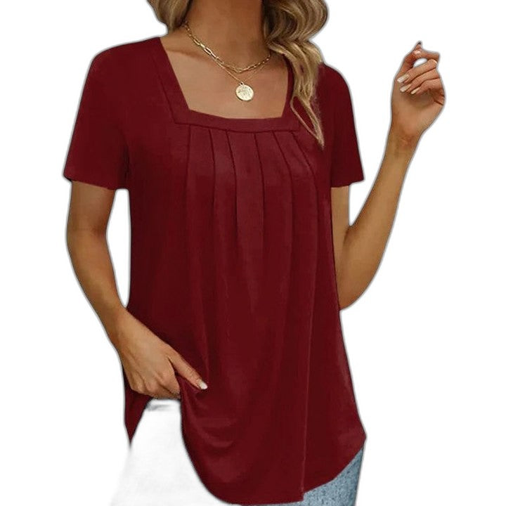 Effortless Grey T Shirt for Women with Square Neck Short Sleeve Pleated Casual Style