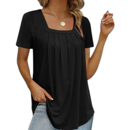Effortless Grey T Shirt for Women with Square Neck Short Sleeve Pleated Casual Style
