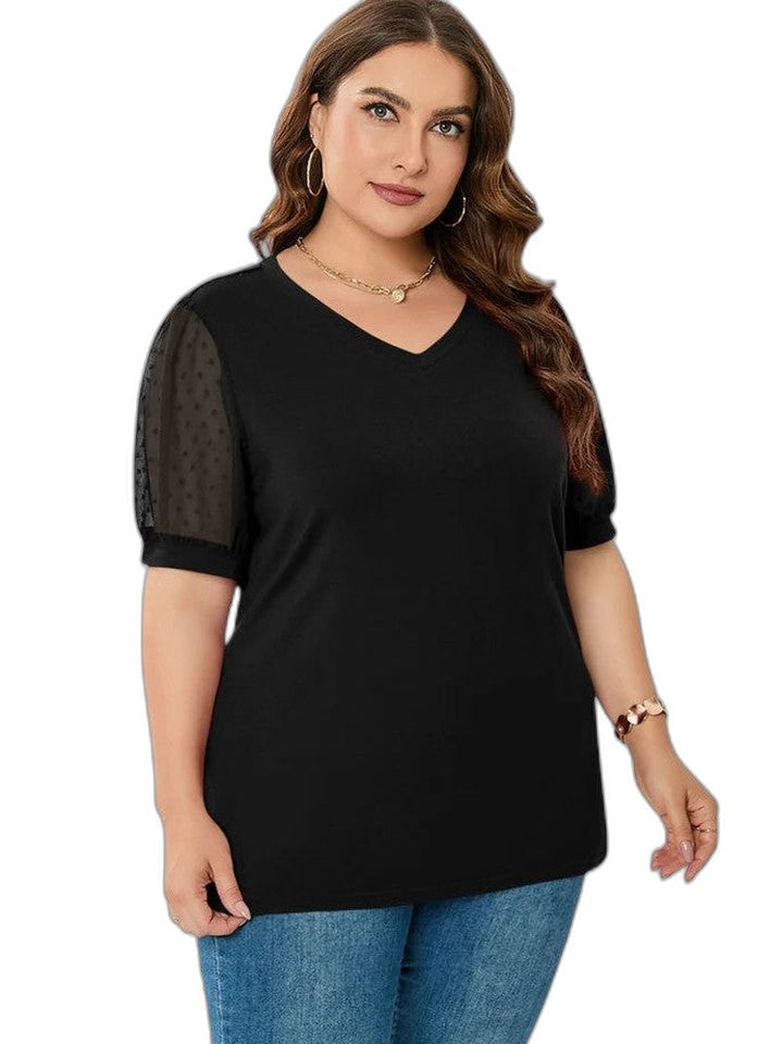 Effortless Grey T Shirt for Women with V Neck Puff Sleeve Casual Style