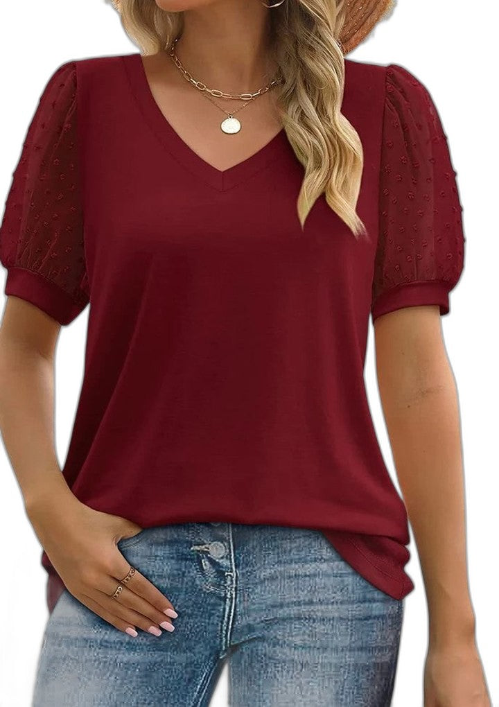 Effortless Grey T Shirt for Women with V Neck Puff Sleeve Casual Style