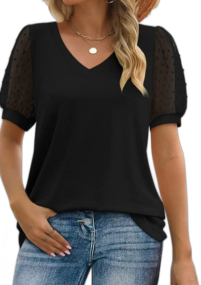 Effortless Grey T Shirt for Women with V Neck Puff Sleeve Casual Style
