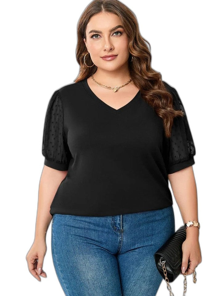 Effortless Grey T Shirt for Women with V Neck Puff Sleeve Casual Style
