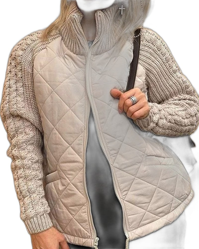 Effortless Knit Jacket for Women with High Neck Long Sleeve Quilted Casual Style