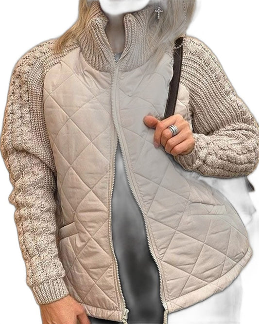 Effortless Knit Jacket for Women with High Neck Long Sleeve Quilted Casual Style