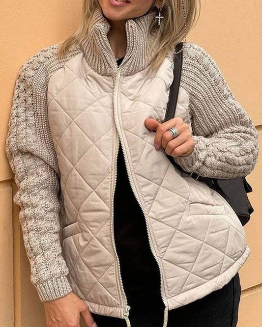 Effortless Knit Jacket for Women with High Neck Long Sleeve Quilted Casual Style