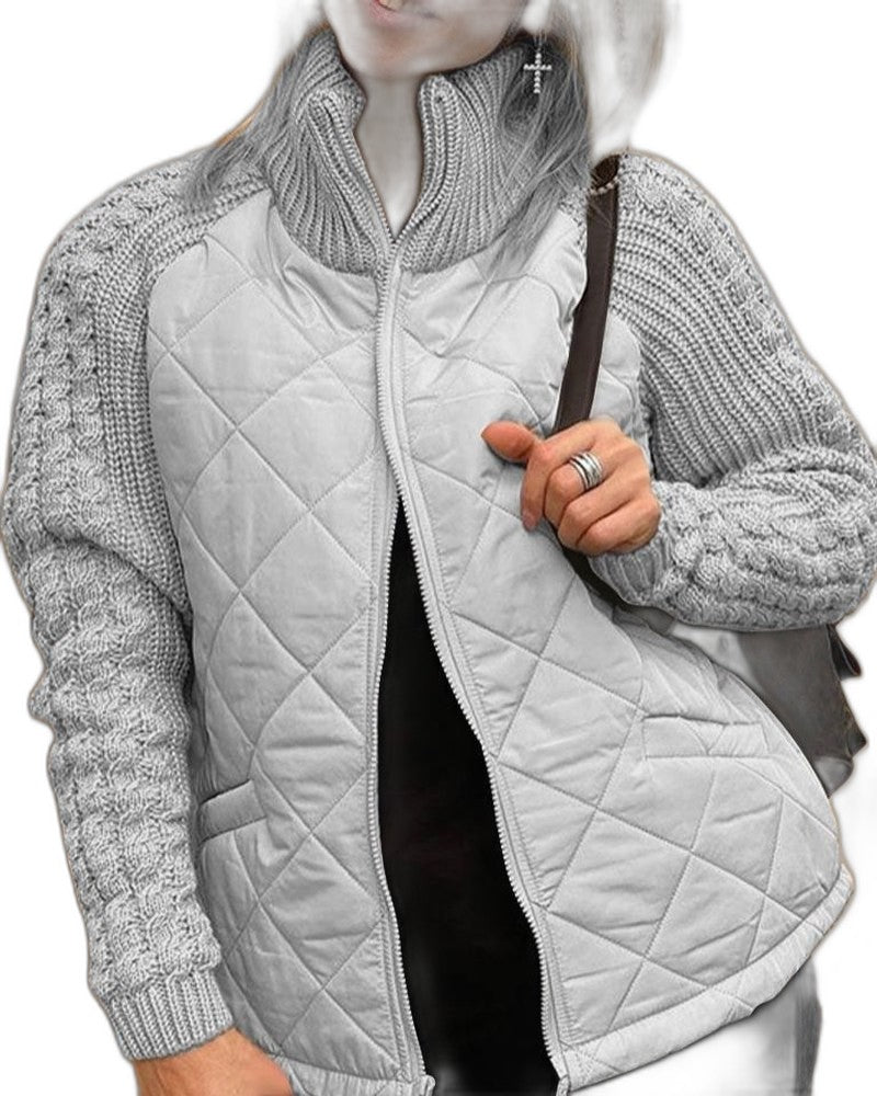 Effortless Knit Jacket for Women with High Neck Long Sleeve Quilted Casual Style