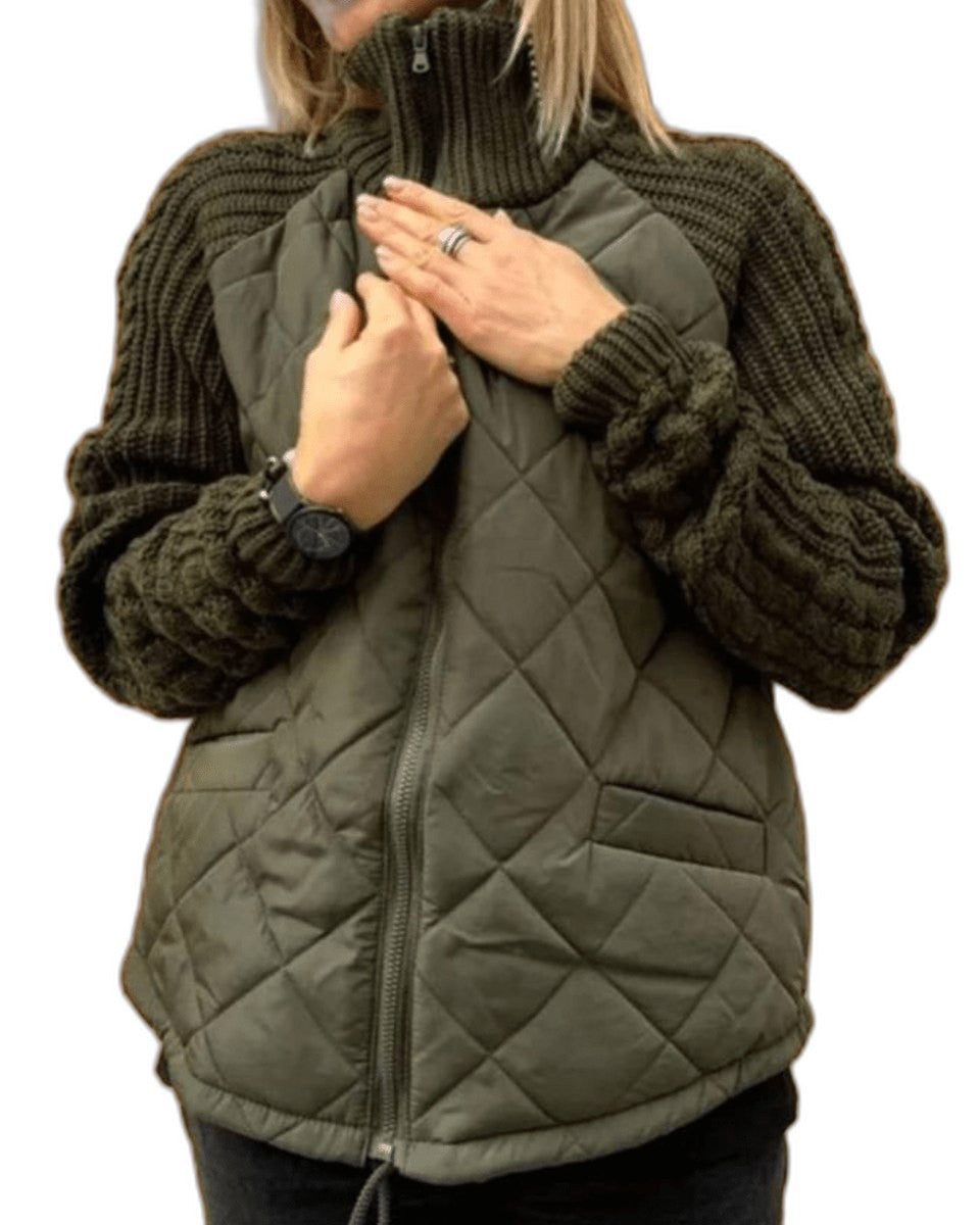 Effortless Knit Jacket for Women with High Neck Long Sleeve Quilted Casual Style