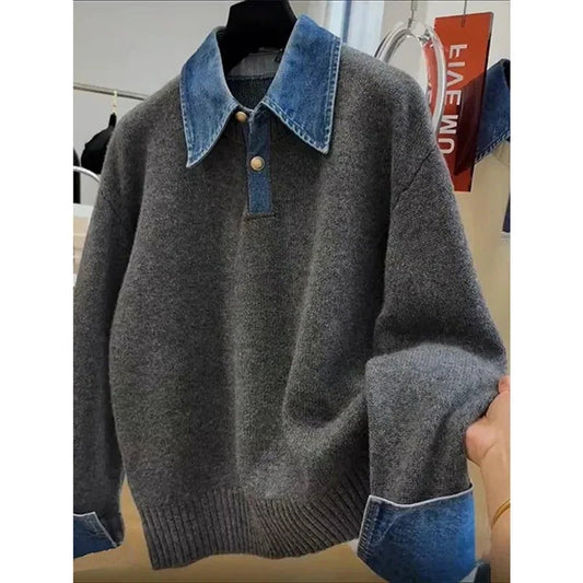 Effortless Knit Sweater for Women with Collared Long Sleeve Button Front Oversized Casual Style