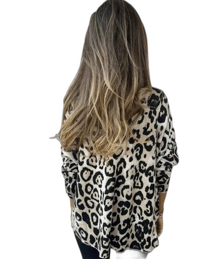 Effortless Leopard Blouse for Women with V Neck Long Sleeve Flowing Casual Style