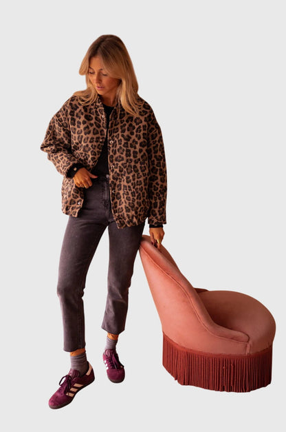 Effortless Leopard Blouse for Women with V Neck Long Sleeve Oversized Casual Style