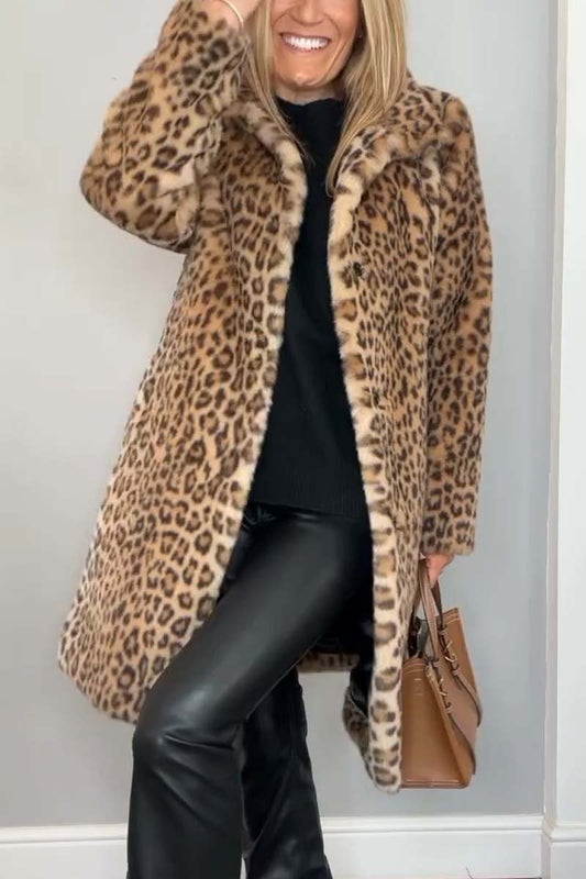 Effortless Leopard Coat for Women with Collared Long Sleeve Casual Style