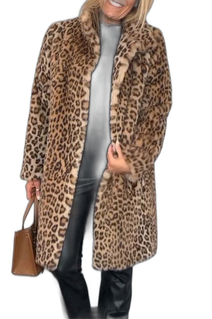 Effortless Leopard Coat for Women with Collared Long Sleeve Casual Style