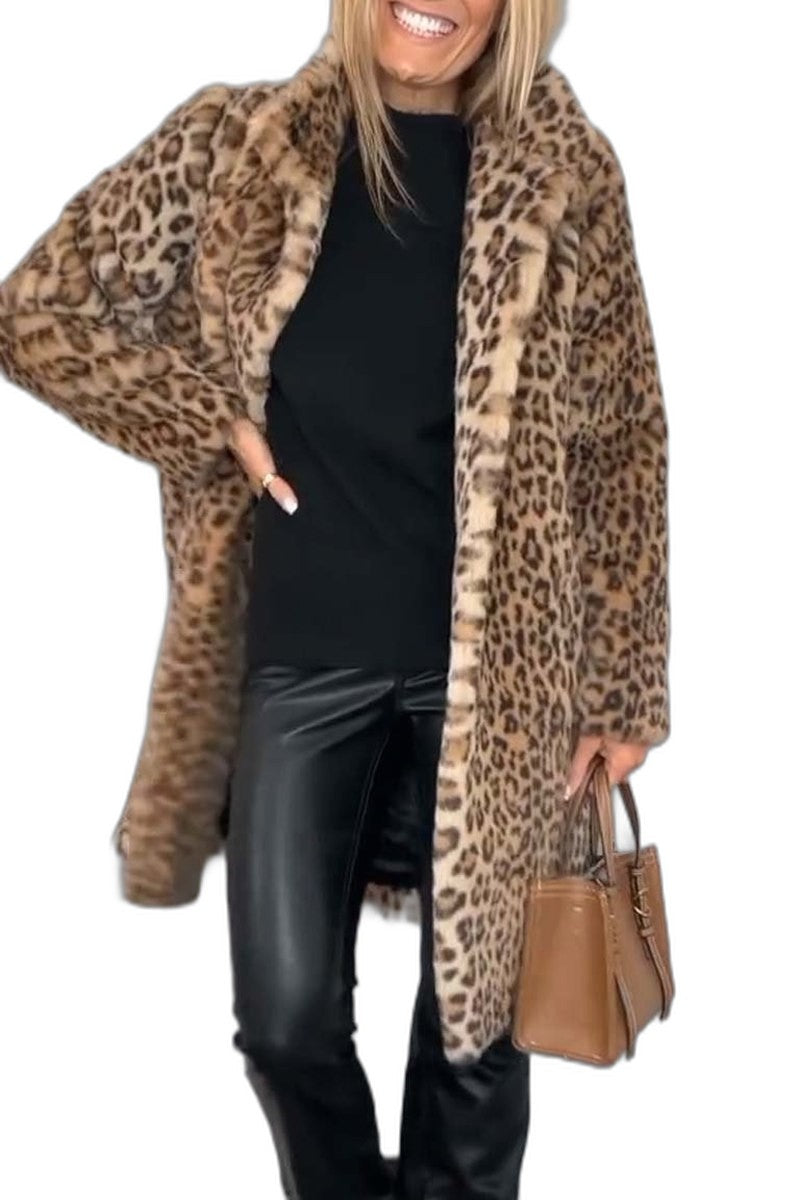 Effortless Leopard Coat for Women with Collared Long Sleeve Casual Style