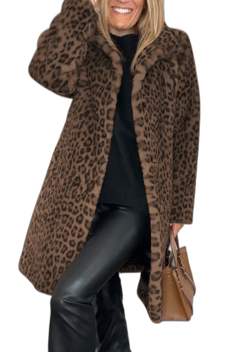 Effortless Leopard Coat for Women with Collared Long Sleeve Casual Style