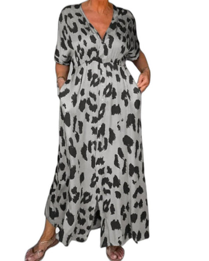 Effortless Leopard Maxi Dress for Women with V Neck Elbow Sleeve Wrap Belted Pockets Casual Style