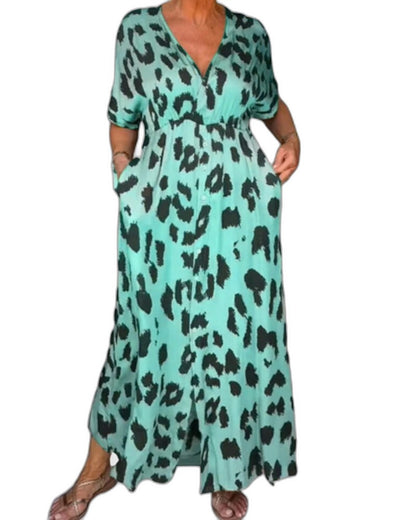 Effortless Leopard Maxi Dress for Women with V Neck Elbow Sleeve Wrap Belted Pockets Casual Style