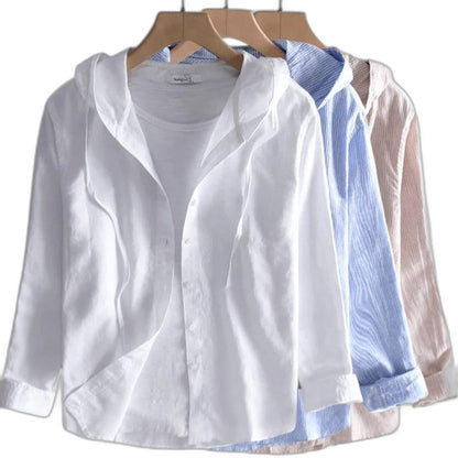 Effortless Linen Jacket for Women with Collared Long Sleeve Button Front Hooded Casual Style