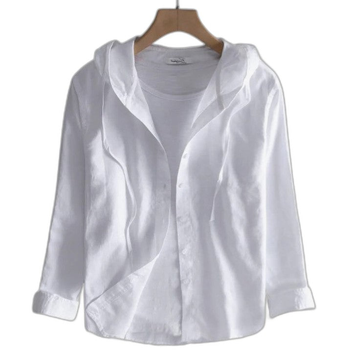 Effortless Linen Jacket for Women with Collared Long Sleeve Button Front Hooded Casual Style