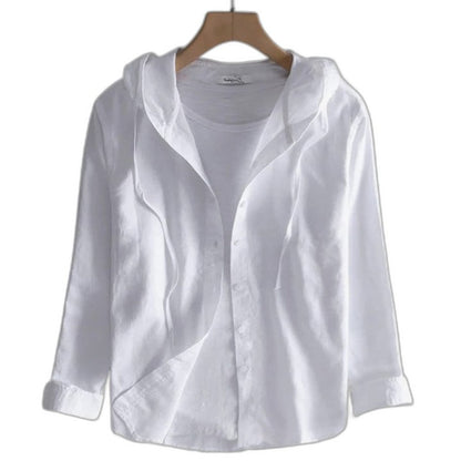 Effortless Linen Jacket for Women with Collared Long Sleeve Button Front Hooded Casual Style
