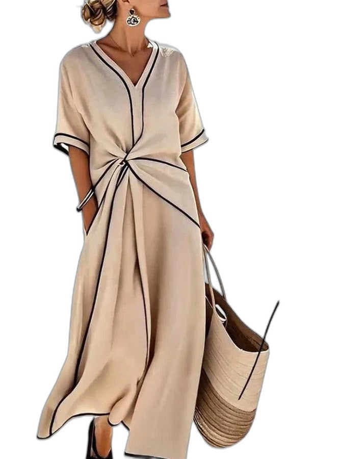 Effortless Linen Midi Dress for Women with V Neck Short Sleeve Wrap Ruched Casual Style