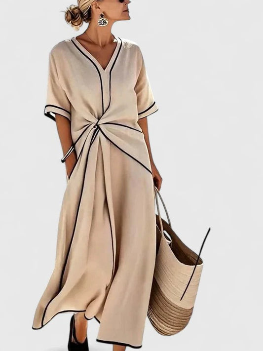 Effortless Linen Midi Dress for Women with V Neck Short Sleeve Wrap Ruched Casual Style