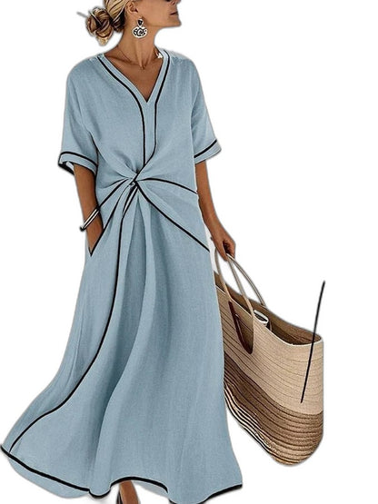 Effortless Linen Midi Dress for Women with V Neck Short Sleeve Wrap Ruched Casual Style