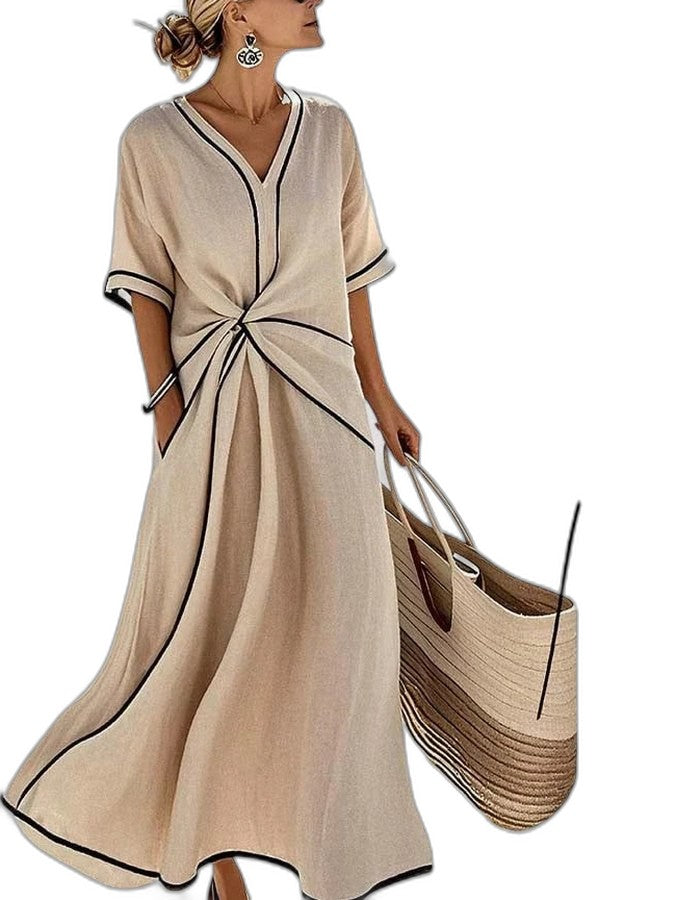 Effortless Linen Midi Dress for Women with V Neck Short Sleeve Wrap Ruched Casual Style