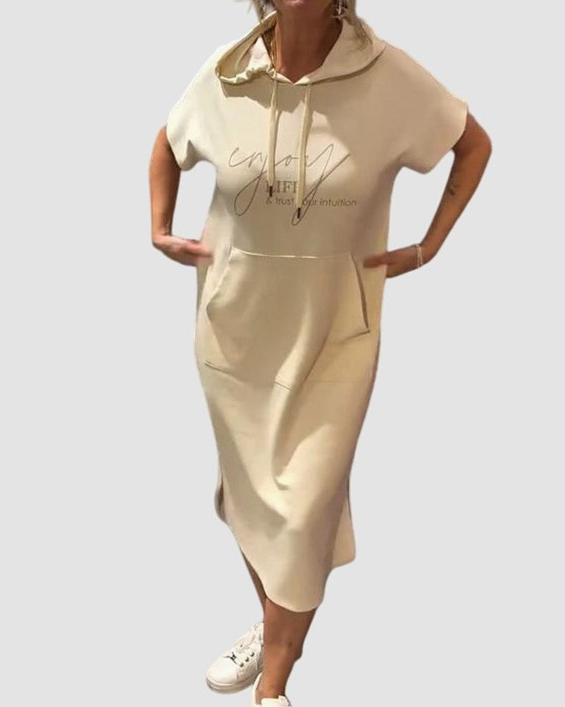 Effortless Midi Dress for Women with Crew Neck Short Sleeve Pockets Casual Style