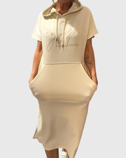 Effortless Midi Dress for Women with Crew Neck Short Sleeve Pockets Casual Style