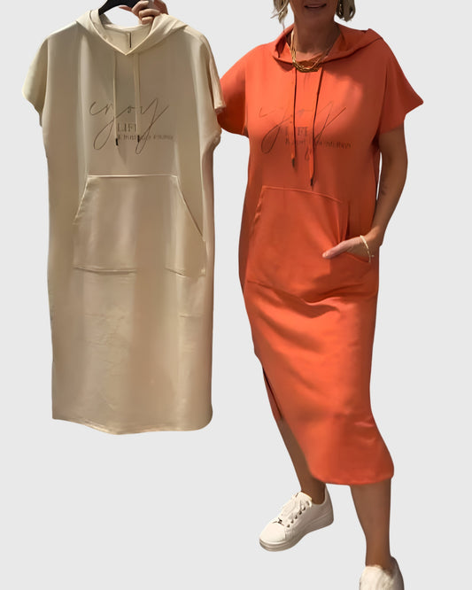 Effortless Midi Dress for Women with Crew Neck Short Sleeve Pockets Casual Style