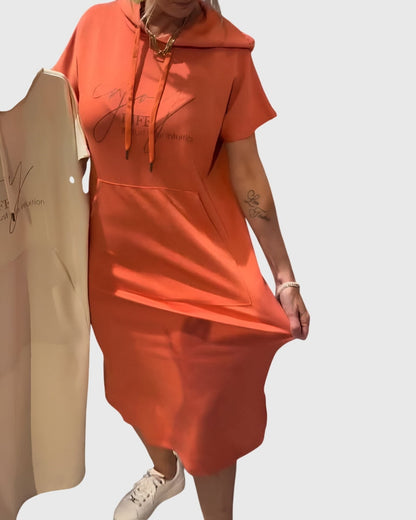 Effortless Midi Dress for Women with Crew Neck Short Sleeve Pockets Casual Style