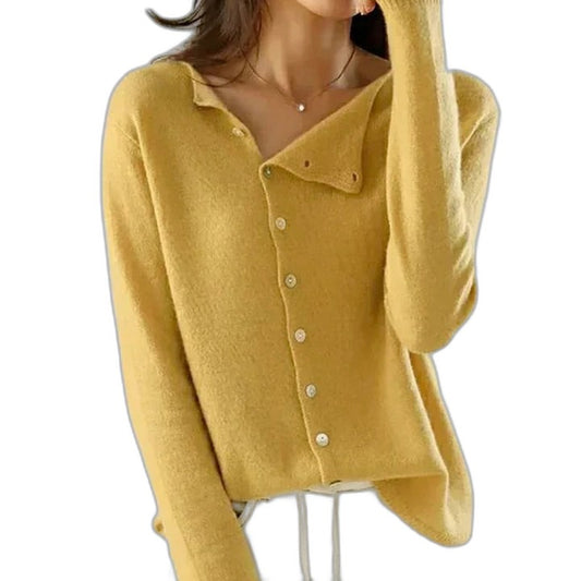 Effortless Mustard Knit Cardigan Sweater for Women with V Neck Long Sleeve Button Front Casual Style